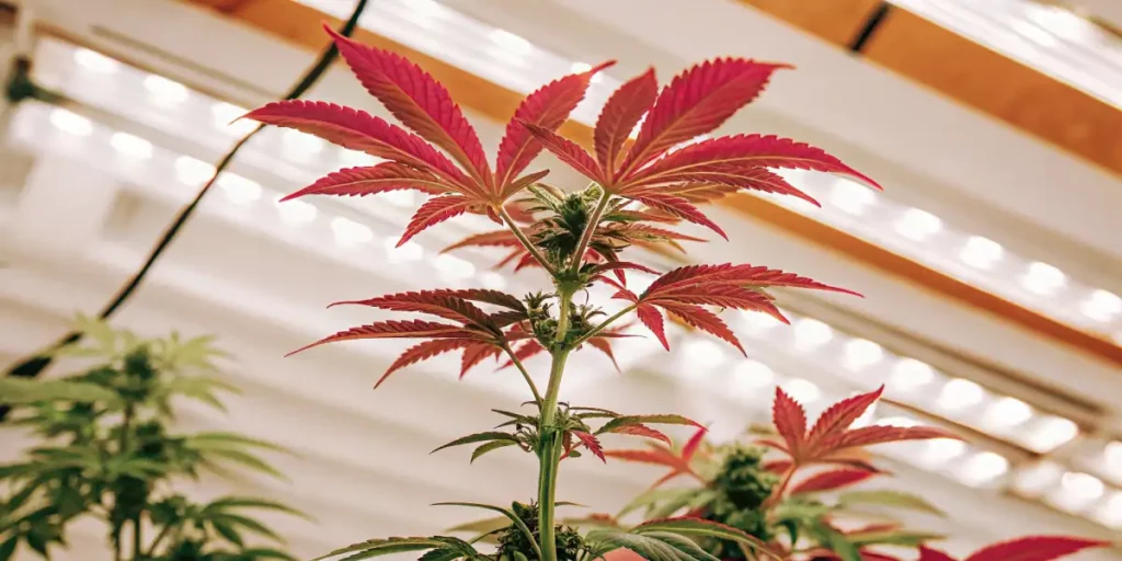 Cannabis plant with red leaves growing indoors under bright grow lights.
