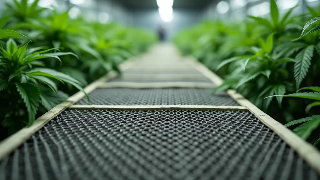 Young cannabis plants growing along a pathway in an indoor facility, with efficient spacing for growth and easy access for maintenance.