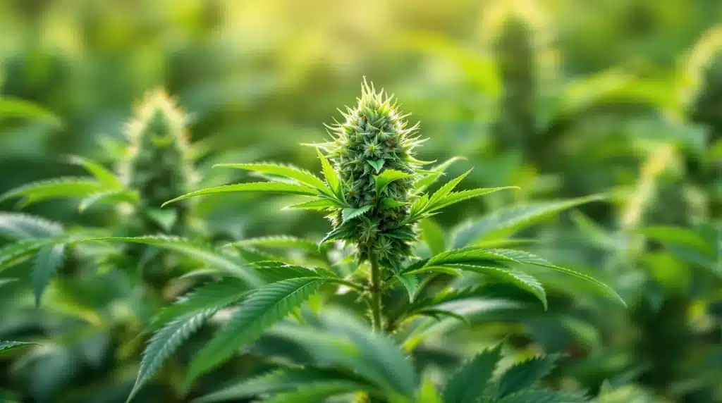 A well-lit indoor cannabis grow room showcasing healthy cannabis plants with THCA-rich buds.