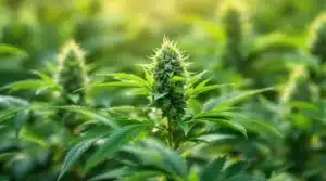 A well-lit indoor cannabis grow room showcasing healthy cannabis plants with THCA-rich buds.