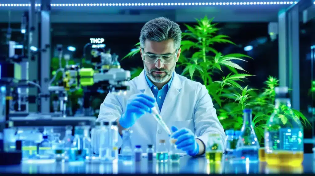A scientist in a laboratory conducting research on cannabis and THCP.