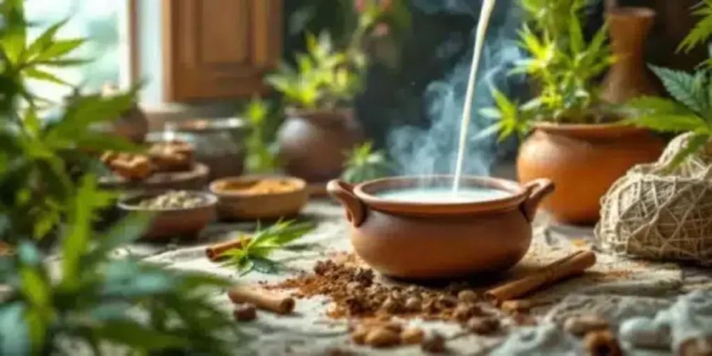 Cannabis stem tea preparation with rustic clay pot and fresh herbs