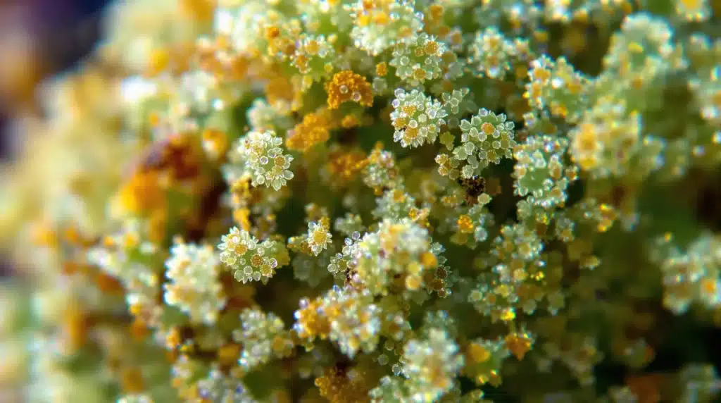 A close-up of cannabis trichomes, hinting at the presence of THCP.