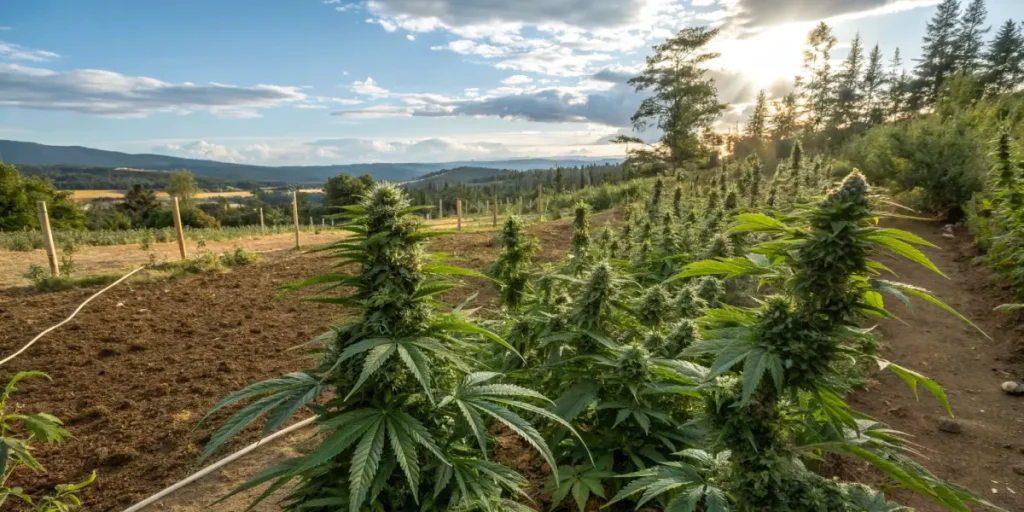 Hyper-realistic outdoor scene of cannabis cultivation: a vast field of lush plants stretching across a valley with distant mountains and a bright sunset sky.