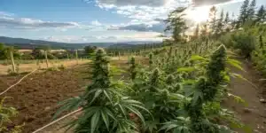 Hyper-realistic outdoor scene of cannabis cultivation: a vast field of lush plants stretching across a valley with distant mountains and a bright sunset sky.