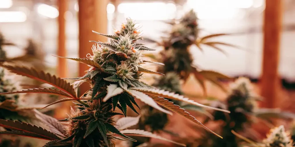 Cannabis buds developing in a greenhouse, with resinous trichomes and vibrant orange hairs.