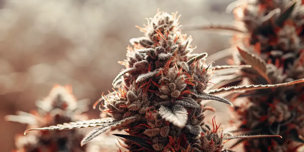 Close-up of a cannabis plant with vibrant red leaves and frosty buds.
