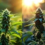 Cannabis plants basking in golden sunlight, highlighting their dense buds and lush green leaves, symbolizing natural energy and strain relaxation.