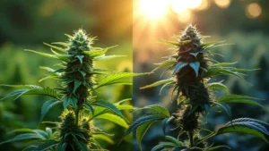 Cannabis plants basking in golden sunlight, highlighting their dense buds and lush green leaves, symbolizing natural energy and strain relaxation.