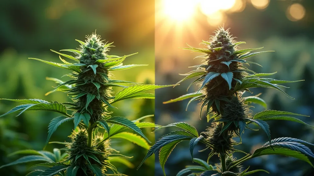 Cannabis plants basking in golden sunlight, highlighting their dense buds and lush green leaves, symbolizing natural energy and strain relaxation.