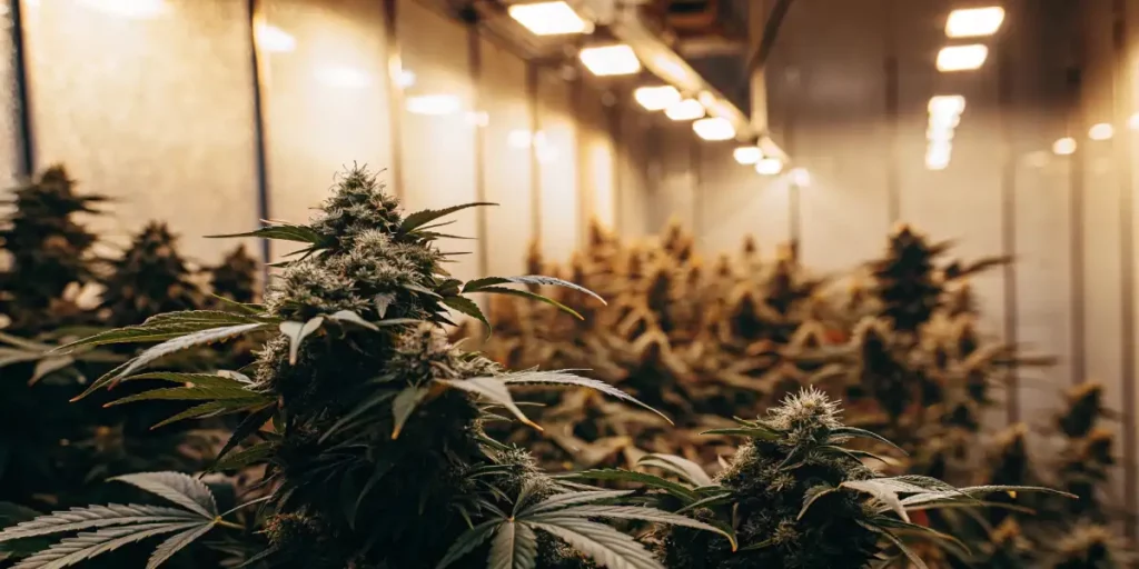 Cannabis plants thriving in a well-lit indoor grow room with healthy leaves and buds.