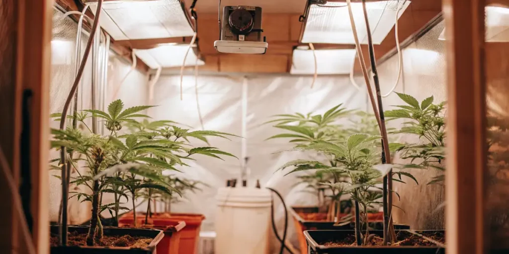 Cannabis plants growing under bright LED lights in a greenhouse