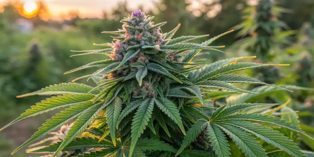 Close-up of a cannabis plant with dense buds and long green leaves under the sunset sky.