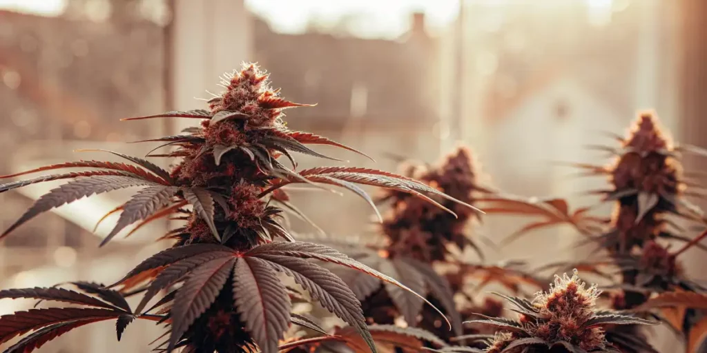 Cannabis plant with vibrant buds and dark green leaves in front of a sunset backdrop.