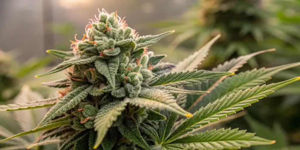 Close-up of a healthy cannabis bud in a controlled greenhouse with visible trichomes.