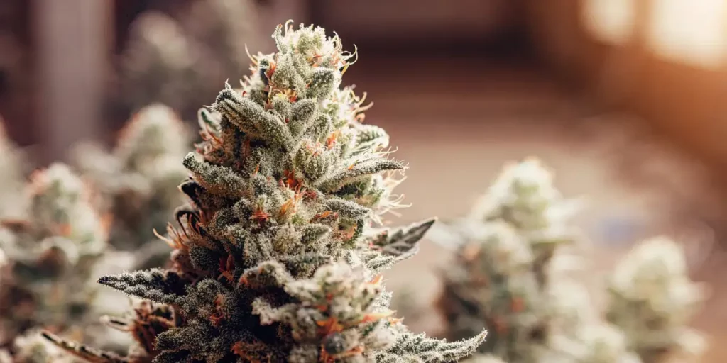 Frosted cannabis bud with dense trichomes and bright orange pistils, set against a soft blurred background.