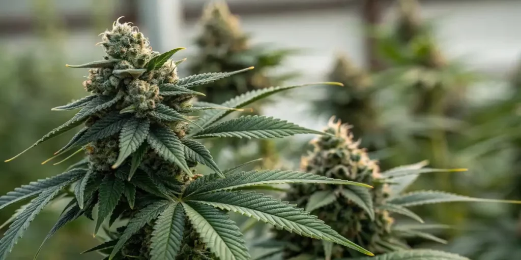 Cannabis flower with trichomes and vibrant orange hairs, surrounded by green leaves in an indoor grow room.