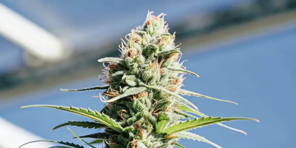 Detailed shot of cannabis buds with frosty trichomes and orange pistils illuminated by warm natural light.