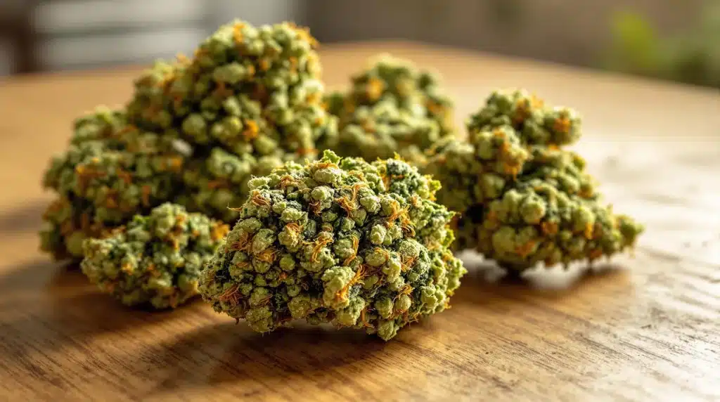 A detailed close-up of a sativa bud showing its dense trichomes and vibrant color.