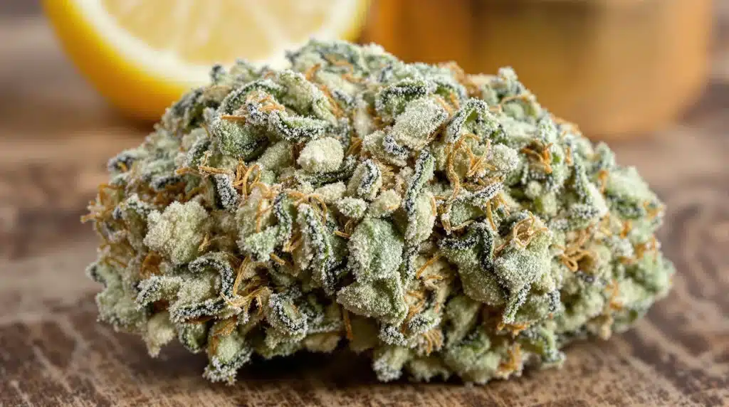 A close-up of a cannabis bud with a lemon scent, covered in trichomes.