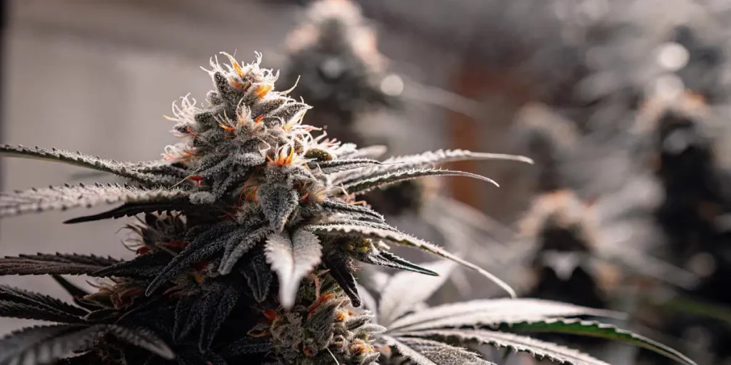 Detailed close-up of pineapple strain cannabis flower growing, showing trichomes and pistils.