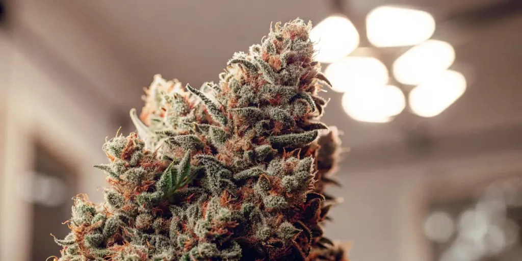 Close-up of a dense cannabis flower with vibrant green leaves and orange pistils in a grow room.