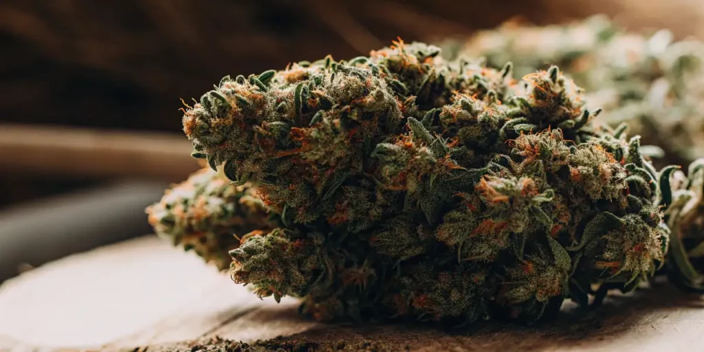 Cannabis buds with orange hairs and crystal-like trichomes on a wooden surface