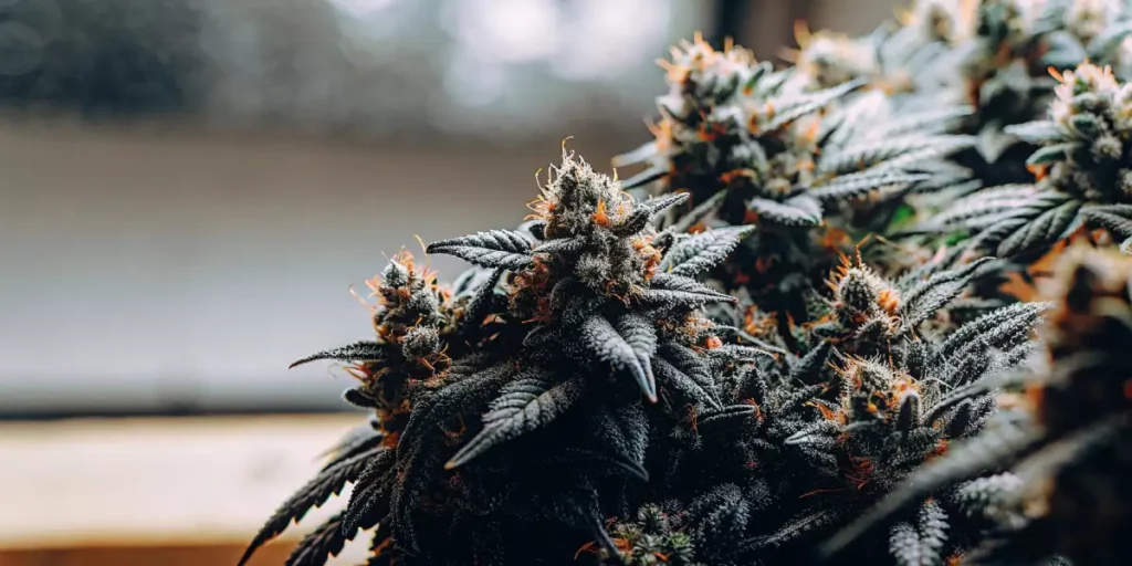 Close-up of cannabis buds surrounded by lush green leaves, covered in trichomes and glowing under the grow light