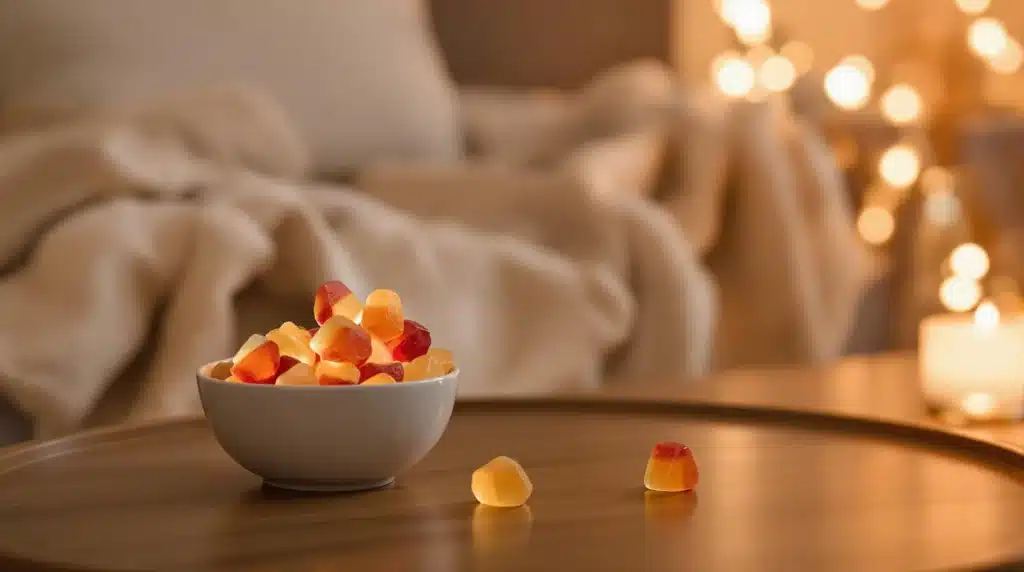 A white bowl filled with colorful THC gummies on a wooden table, with a soft blanket and warm lighting in the background