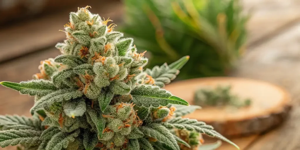 Creamy cannabis buds with frosty trichomes and orange pistils on a wooden surface.
