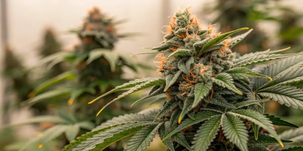 Close-up of a densely packed cannabis flower in a greenhouse, with visible trichomes and orange pistils.