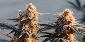 Dense cannabis buds covered in trichomes with orange pistils, showing fine details of the plant's flowers.