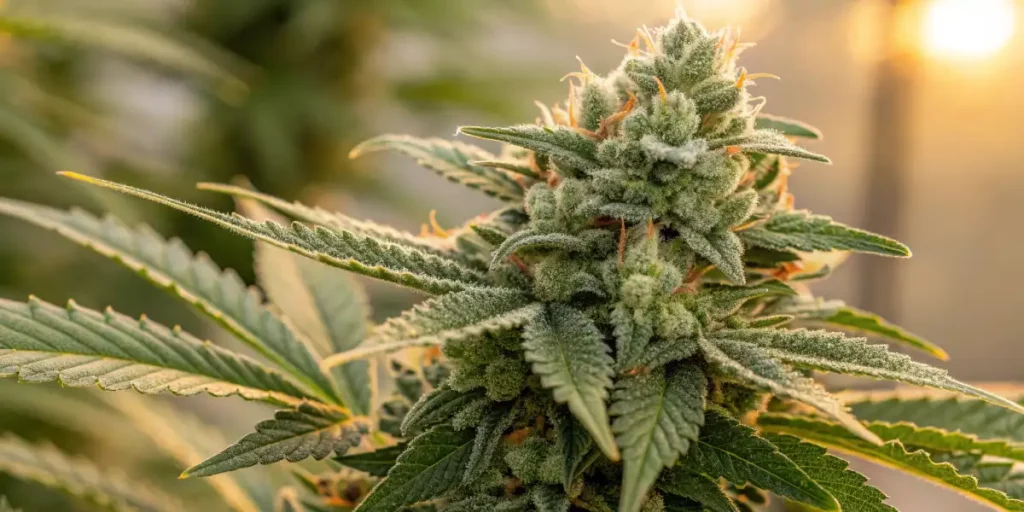 Dense cannabis flower with frosty trichomes and orange pistils, surrounded by green leaves at sunset.