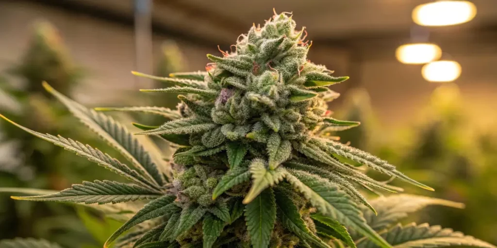 Dense cannabis plant with purple hues and frosty trichomes in an indoor setting.