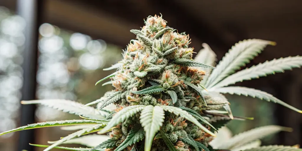 Close-up of a frosty cannabis bud with purple highlights, showing detailed trichomes.