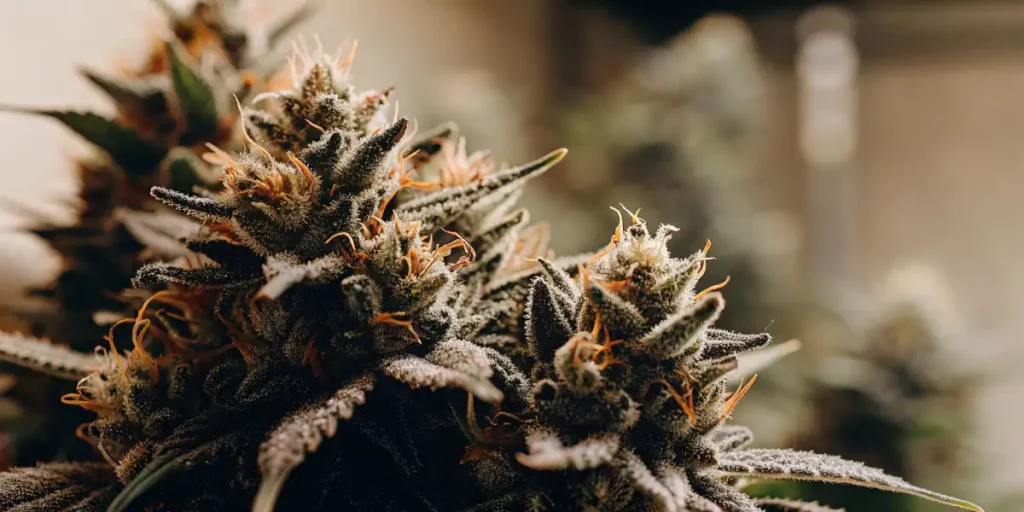 Detailed close-up of Grape Ape cannabis buds showing resin-coated surfaces and vibrant orange pistils against dark green leaves.