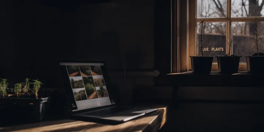 Hyper-realistic digital artwork showing a laptop displaying images of plants, next to small potted plants labeled "LIVE PLANTS" on a windowsill in a dimly lit room.