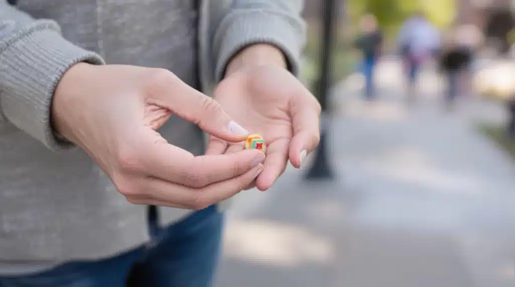 A close-up of hands holding a single THC gummy outdoors, with a blurred park background