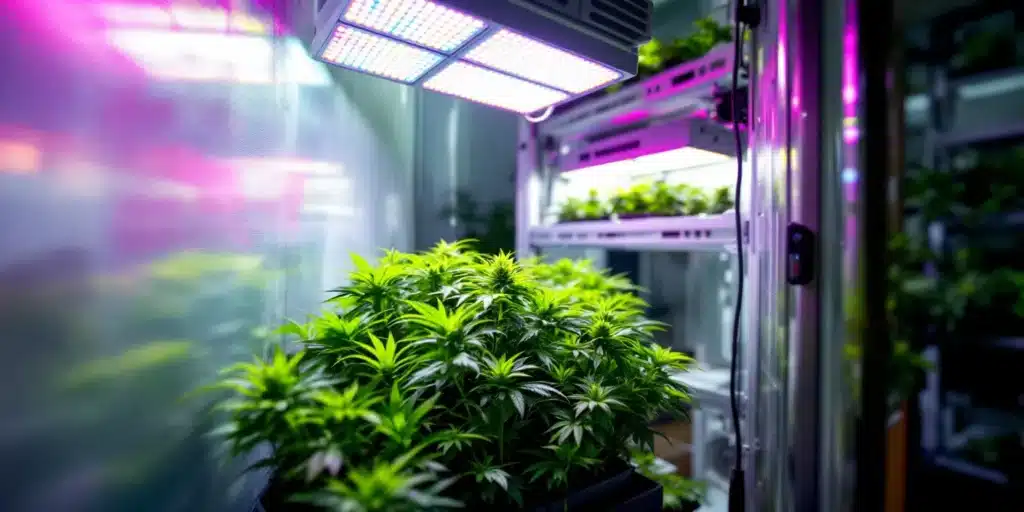 Healthy cannabis clones growing under LED lights inside a clone grow tent, ensuring optimal conditions for early plant development.