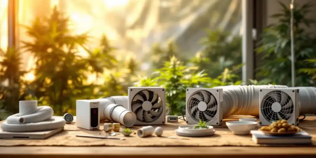 Ventilation equipment and fans designed for maintaining air circulation in a clone grow tent with cannabis plants in the background.