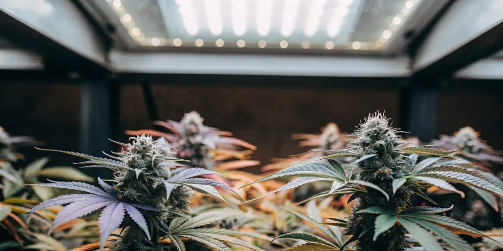 Hyper-realistic image of exotic cannabis plants with prominent buds and purplish leaves, under bright overhead grow lights.