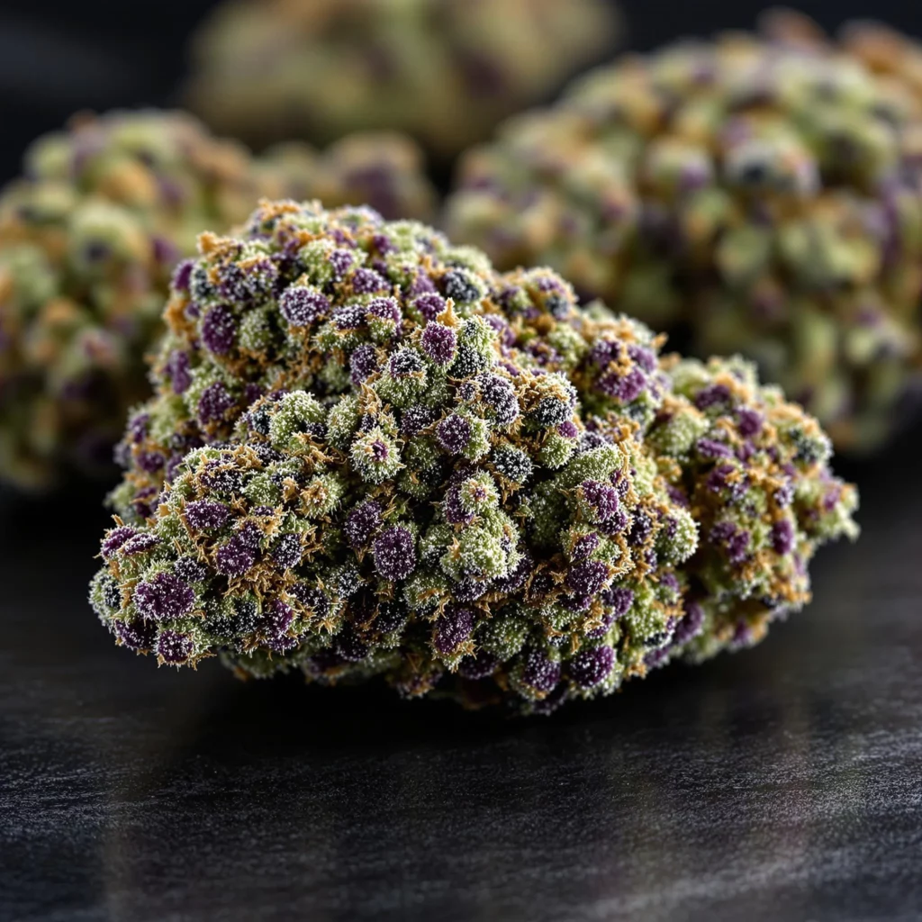 Close-up of exotic THCA flower buds with vibrant purple and green hues, showcasing frosty trichomes and premium quality.