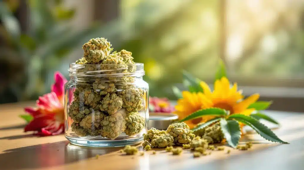 Glass jar filled with exotic THCA flower buds on a wooden table, emphasizing vibrant colors and terpene-rich freshness.