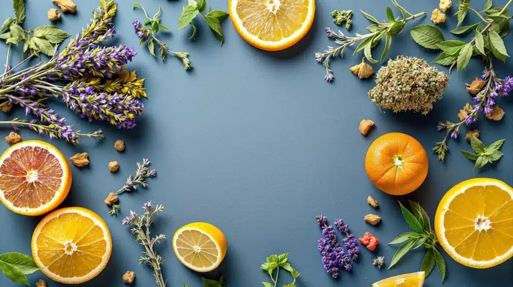 Artistic display of exotic THCA flower paired with citrus, lavender, and herbs, highlighting unique aromas and luxurious appeal.