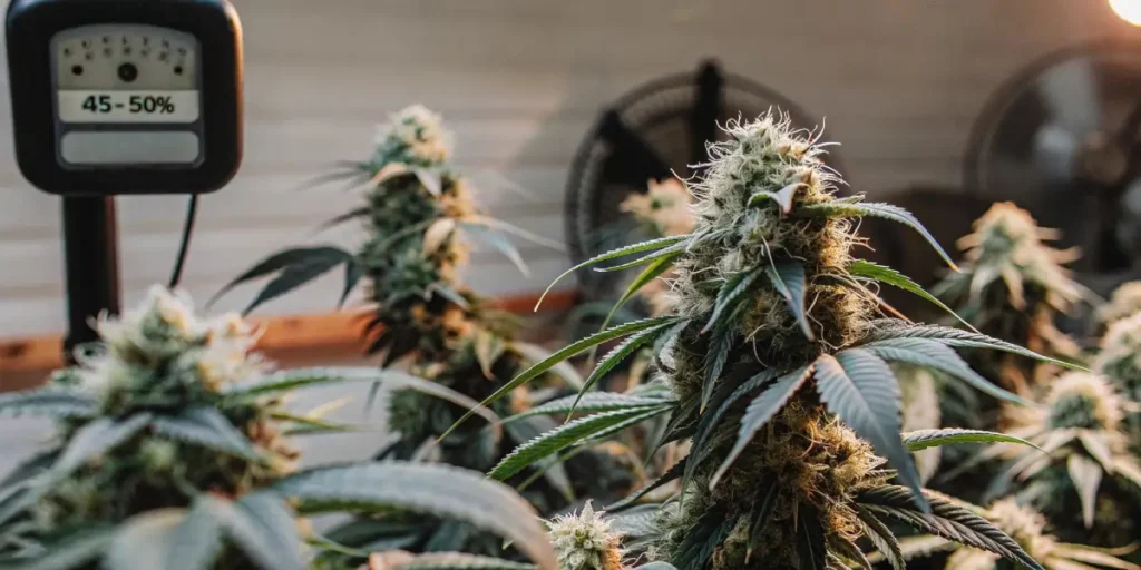 Hyper-realistic close-up of flowering cannabis plants with a humidity meter displaying "45-50%" under warm lights.