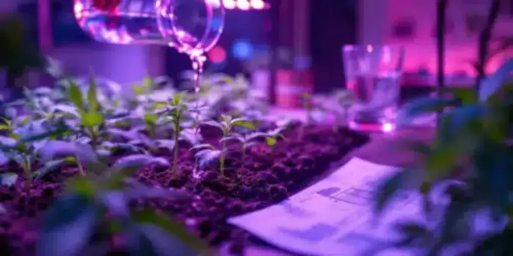 Flushing cannabis seedlings under intense purple grow lights in an indoor setup