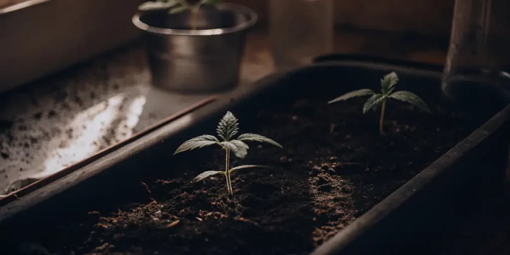 Young cannabis plants growing in soil with green leaves under natural light.