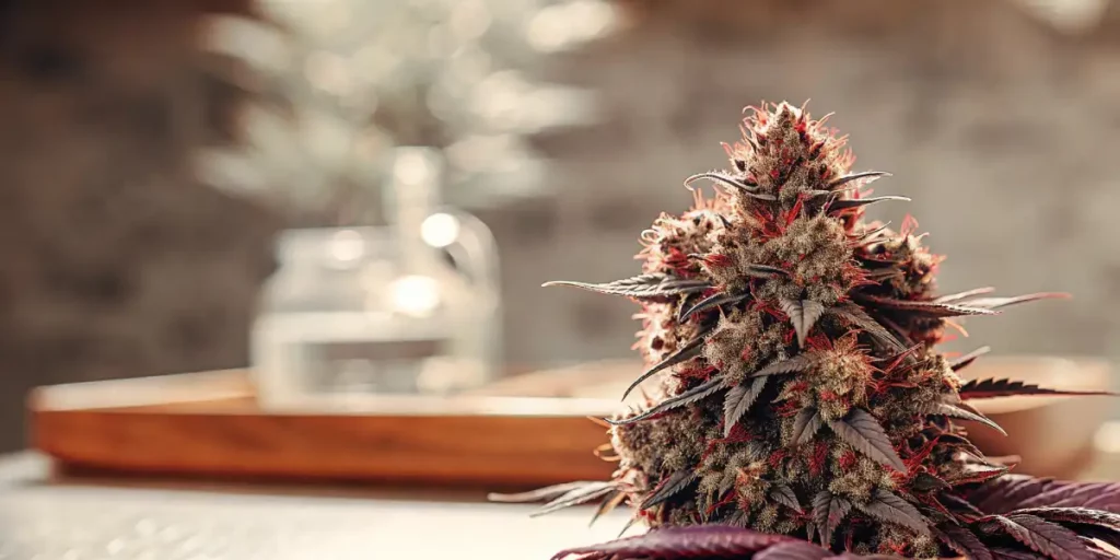 Close-up of freshly harvested cannabis buds with orange hairs on a glossy surface.