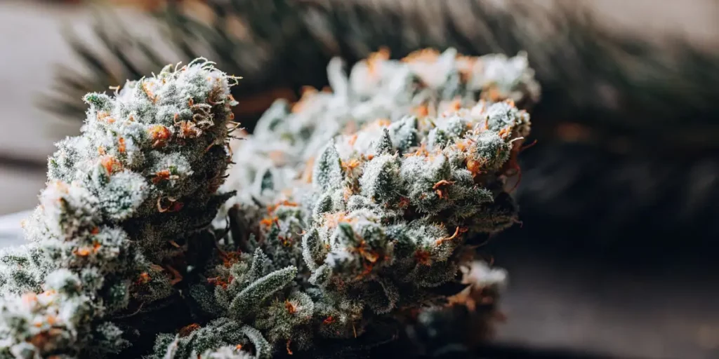 Close-up of frosted cannabis buds with orange pistils and trichomes on dark green leaves.
