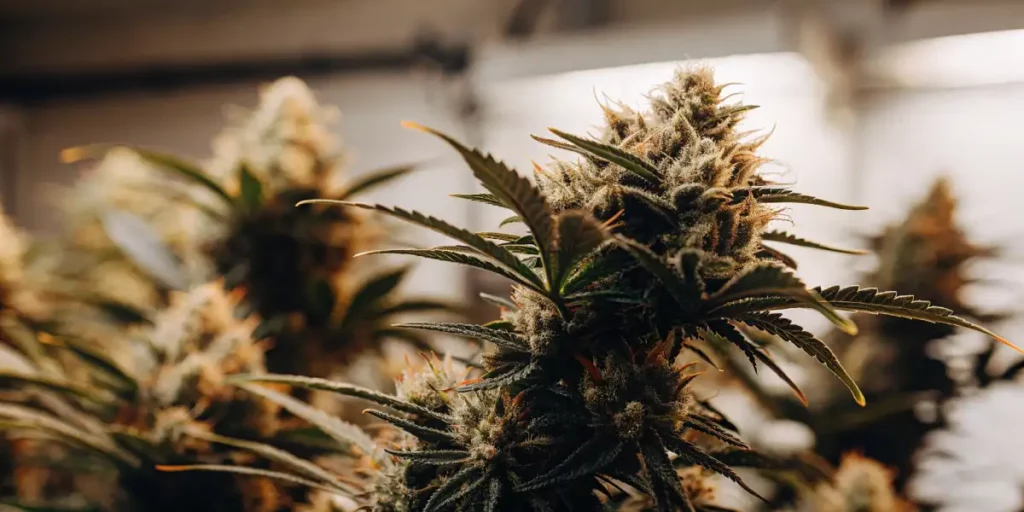 Close-up of cannabis buds with purple hues and trichomes, highlighting the plant's rich colors and crystal-like texture.